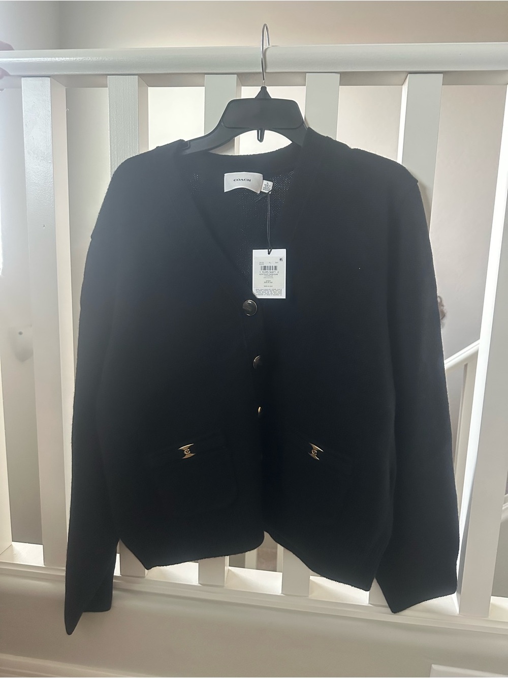 Coach Black Button-Front Knit Cardigan with Logo Pocket Hardware